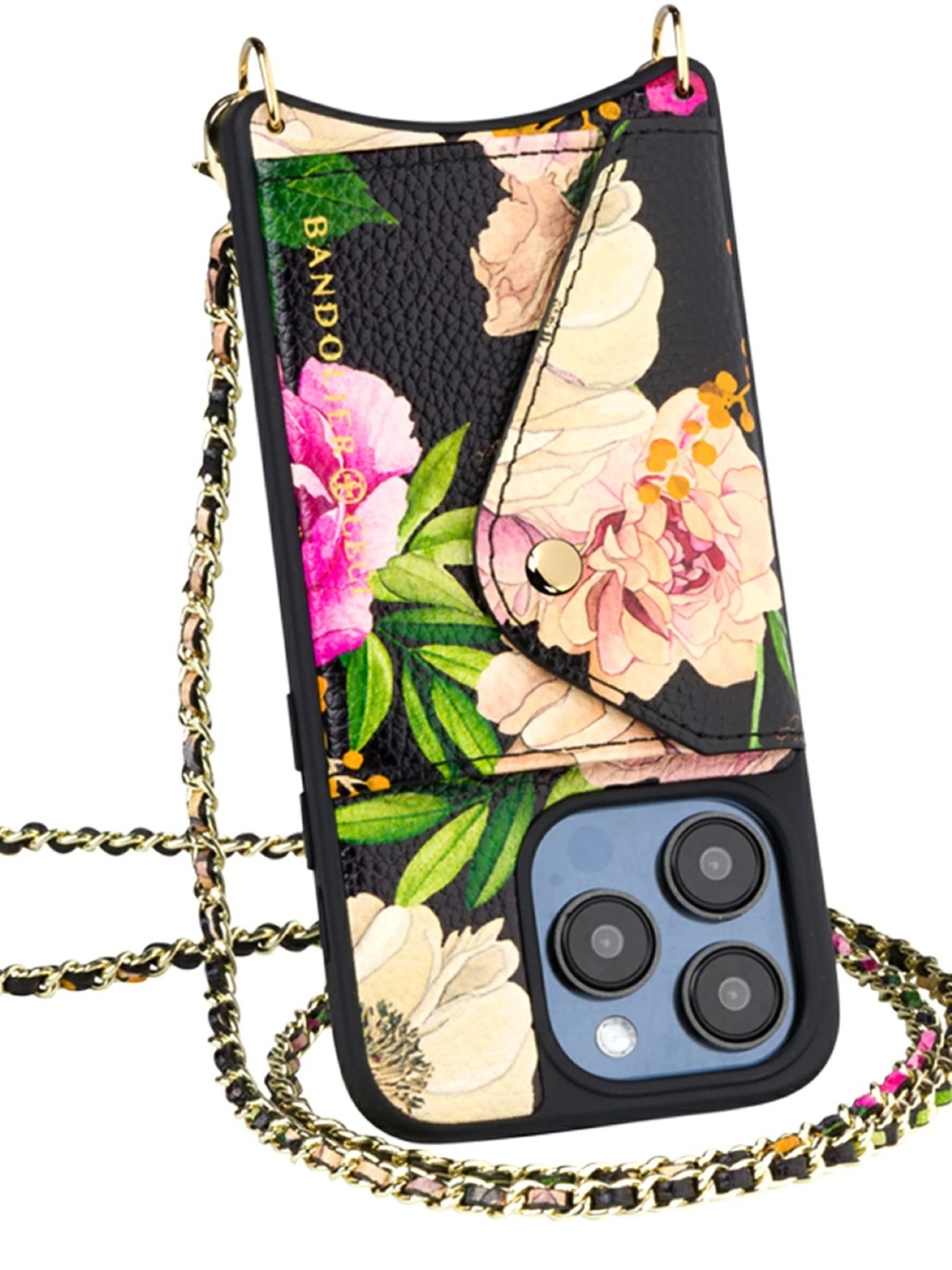 Bandolier Floral Crossbody Phone Case with Gold Chain Iphone 15 Pro